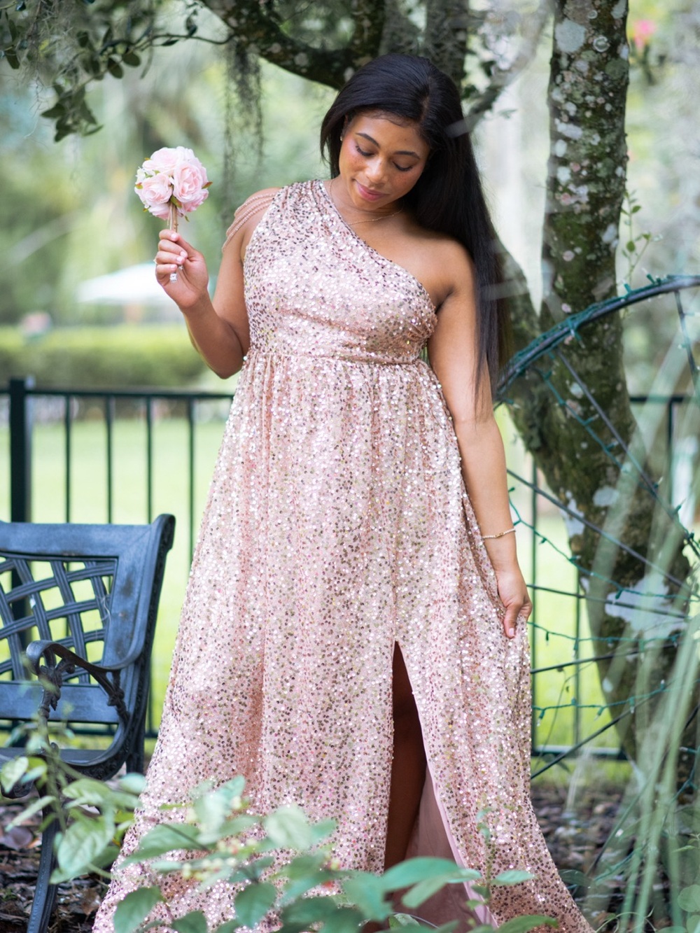 Faeriesty Rose Gold Sequin One-Shoulder Formal Maxi Dress – Size XL